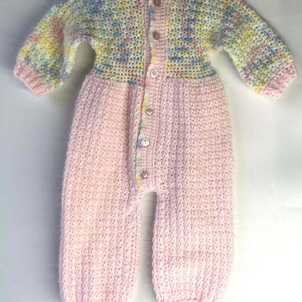 Vintage Handmade Baby Girl Pink Knit Bubble Romper Long Sleeve One Piece - Picture 1 of 6
